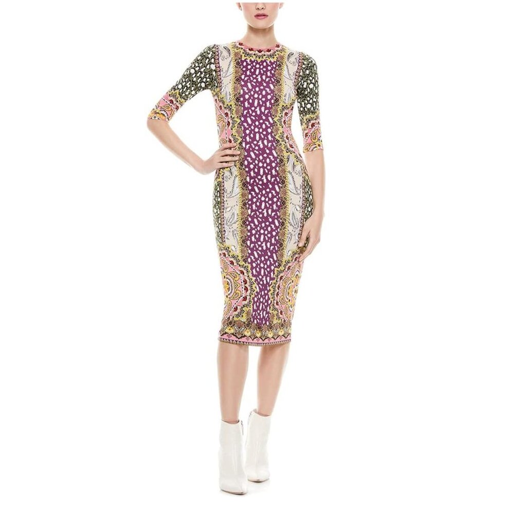 NWT Alice + Olivia Desire Multi Delora Fitted Crew Neck Midi Dress Size 6